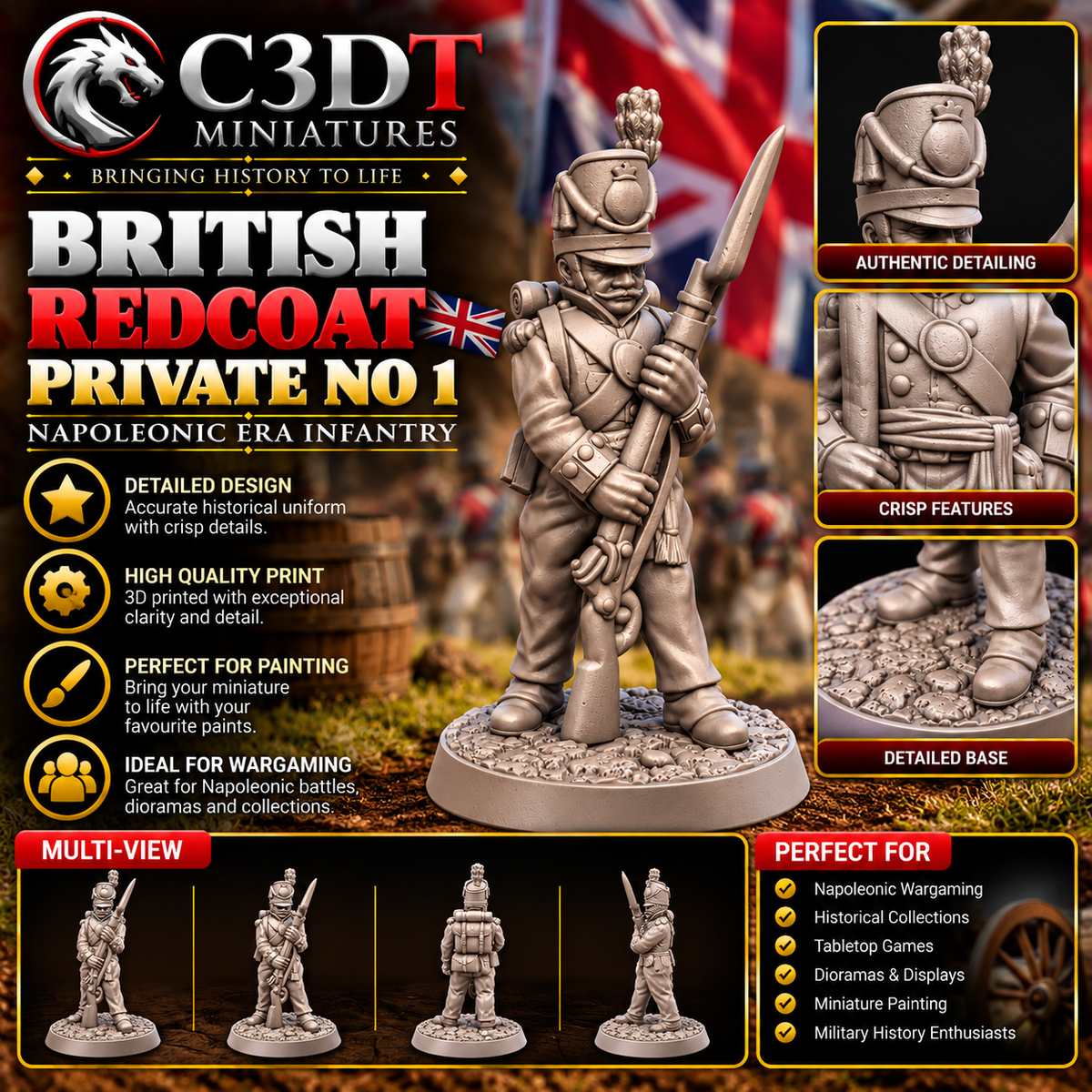 British Redcoat Private No. 1 – Napoleonic Infantry 3D Printed Miniature | C3DT