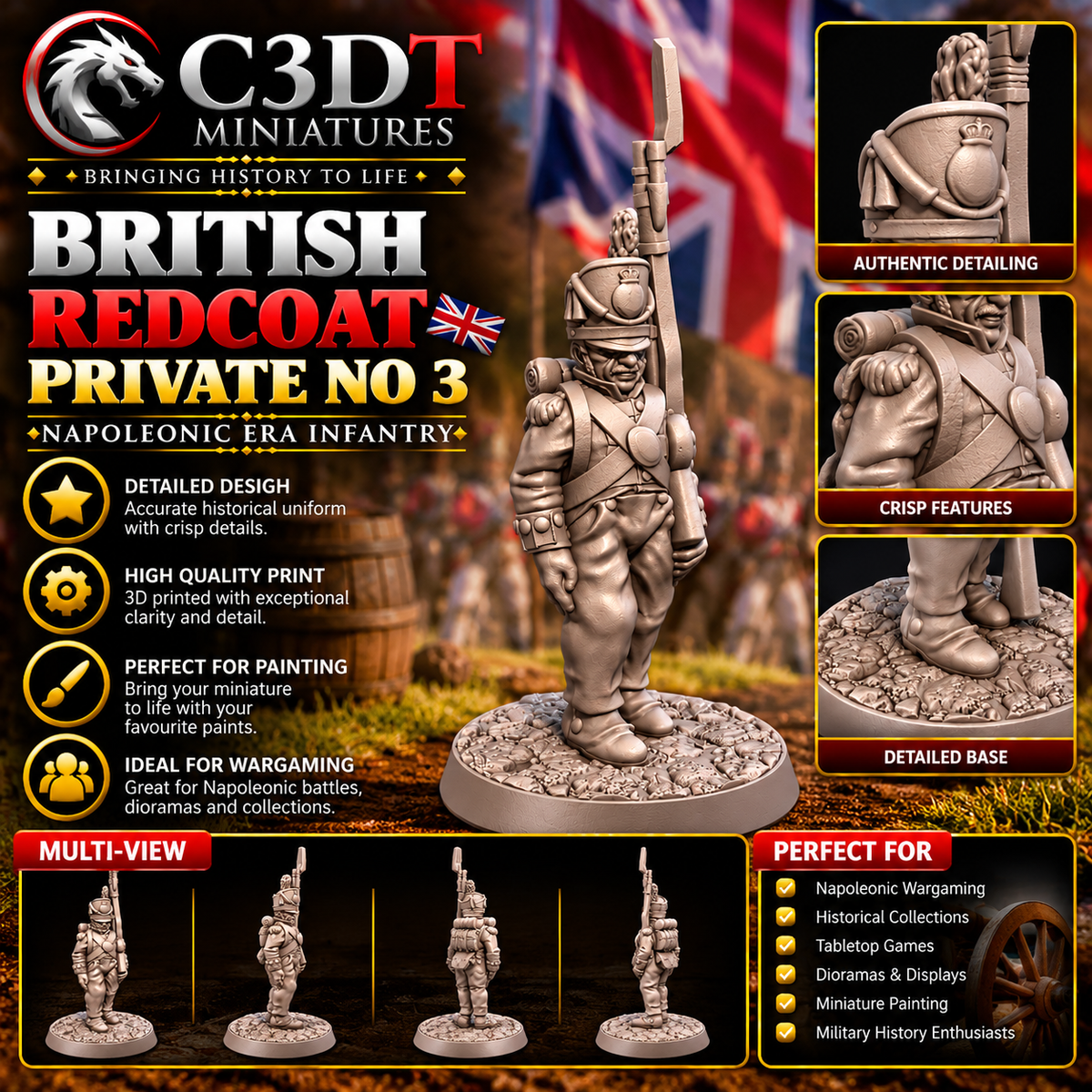 British Redcoat Private No. 3 – Napoleonic Marching Infantry 3D Printed Miniature | C3DT