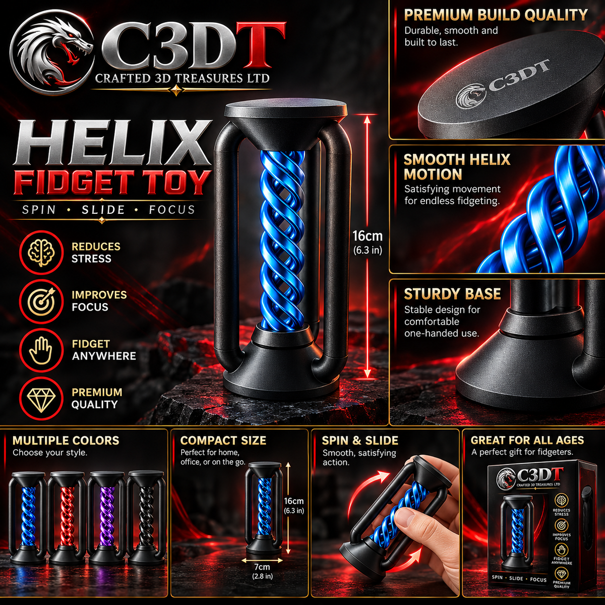 3D Printed Helix Fidget Toy – 16cm Spiral Sensory Toy