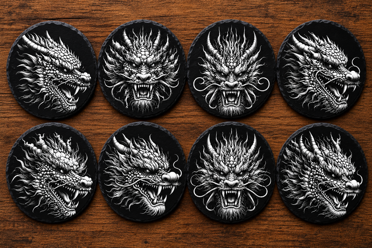 Dragon Head Engraved Slate Coasters – Fantasy Dragon Designs