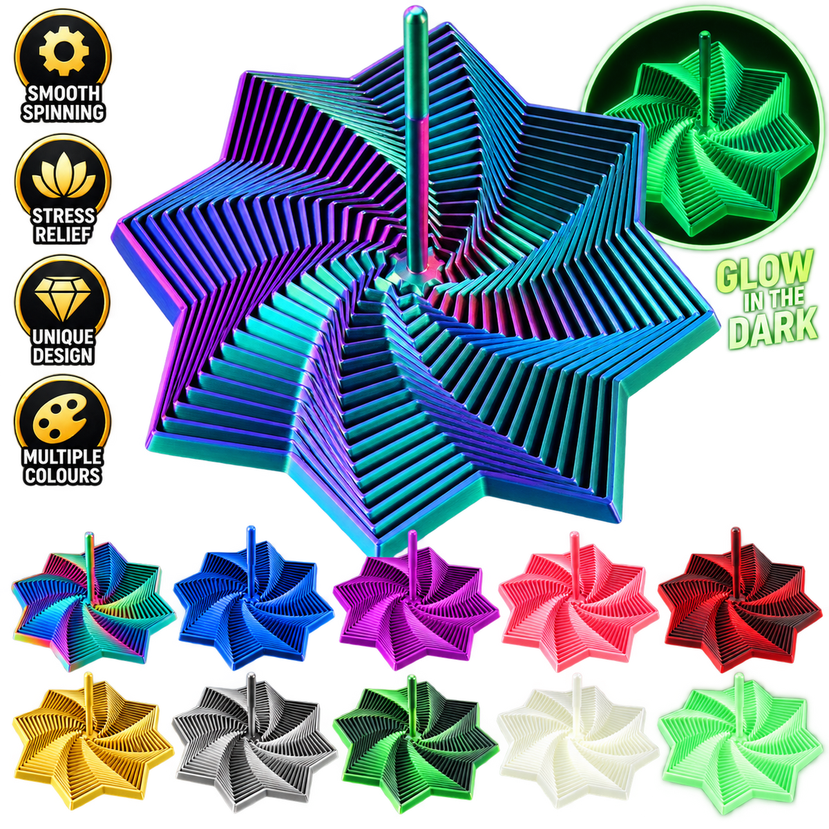 3D Printed Star Fidget Toy – Rainbow Spiral Spinner | Multiple Colours & Glow in the Dark