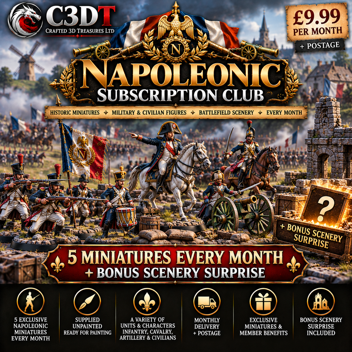 C3DT Napoleonic Miniatures Subscription Club – 5 Miniatures + Bonus Scenery Every Month