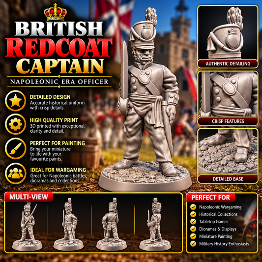 British Redcoat Captain – Napoleonic Infantry 3D Printed Miniature | Historical Wargaming | C3D