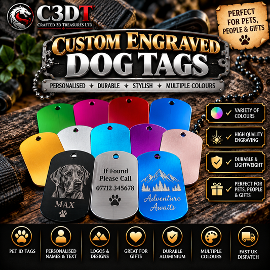 Personalised Engraved Aluminium Dog Tags – 10 Colours Available | Custom Name, Text & Design