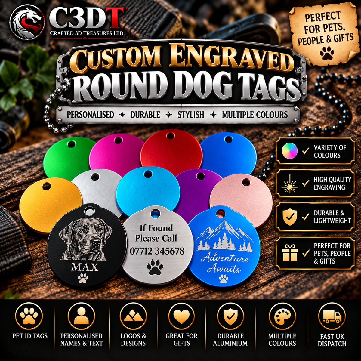 Personalised Engraved Round Dog Tags – 10 Colours | Double-Sided Engraving Available