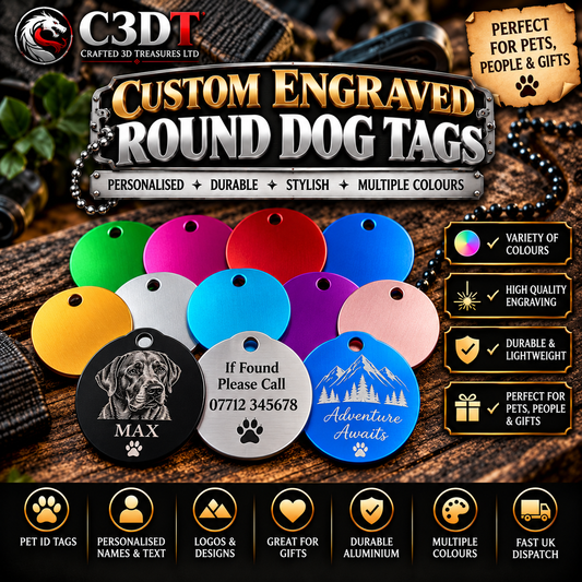 Personalised Engraved Round Dog Tags – 10 Colours | Double-Sided Engraving Available