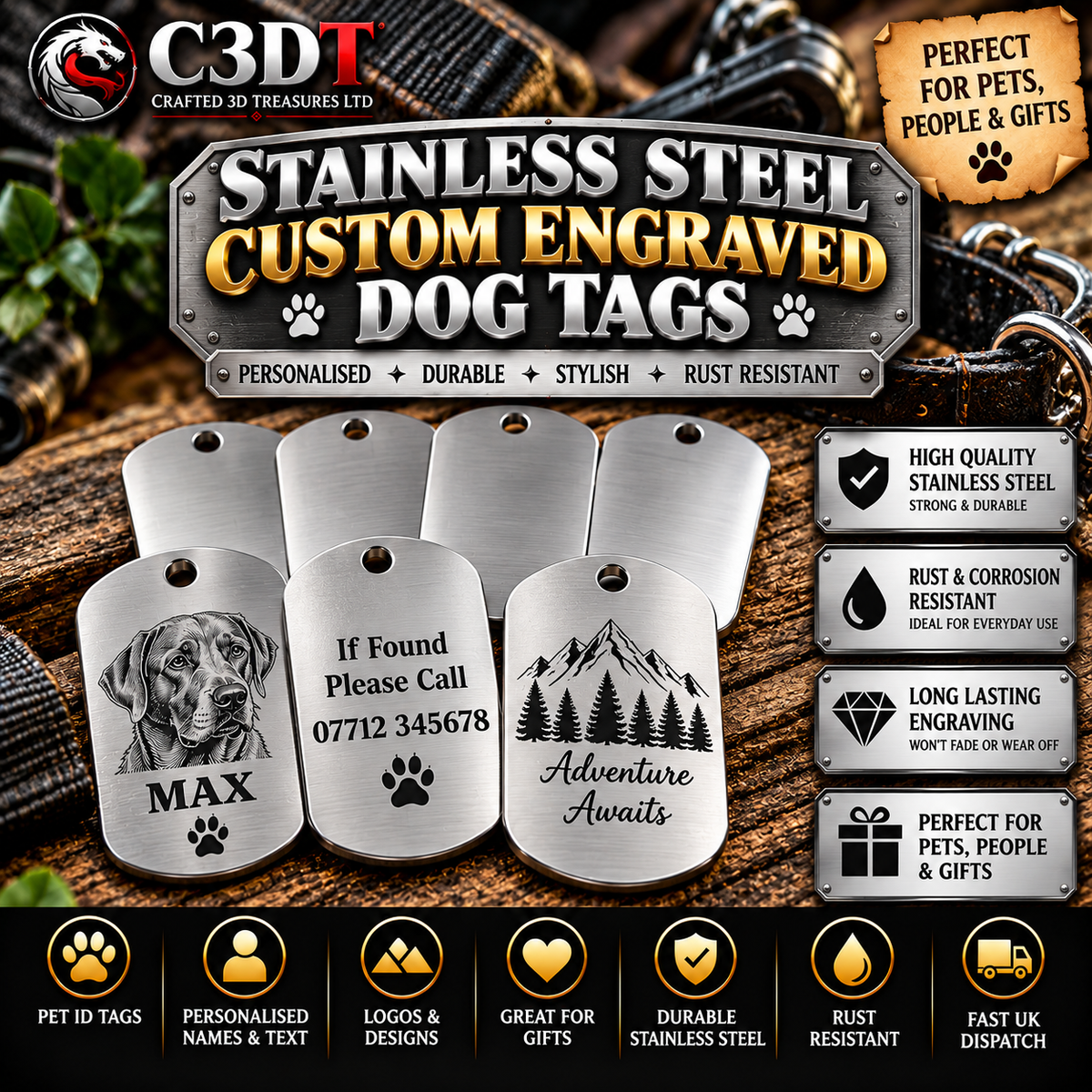 Personalised Stainless Steel Dog Tags – Custom Engraved Pet ID Tags | Double-Sided Engraving