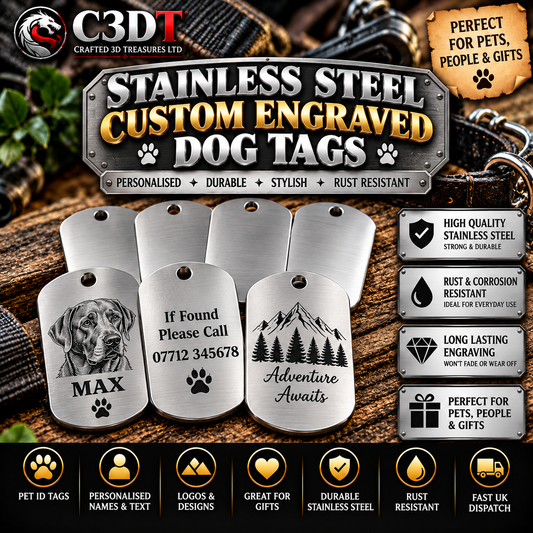 Personalised Stainless Steel Dog Tags – Custom Engraved Pet ID Tags | Double-Sided Engraving