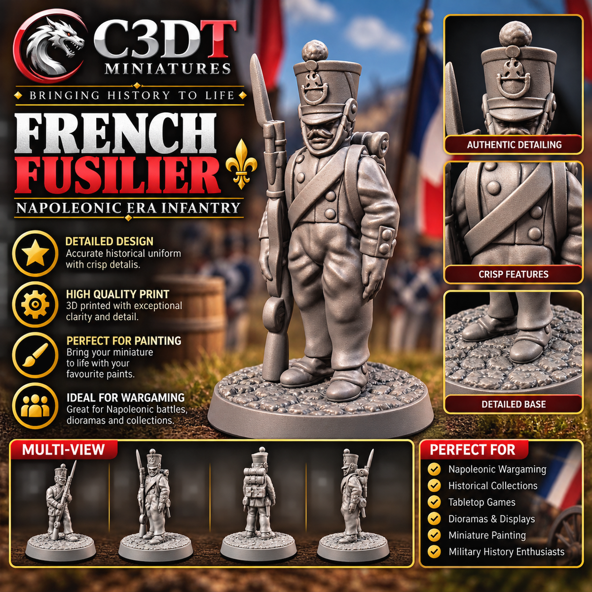 French Fusilier No. 2 – Napoleonic Infantry 3D Printed Miniature | Historical Wargaming