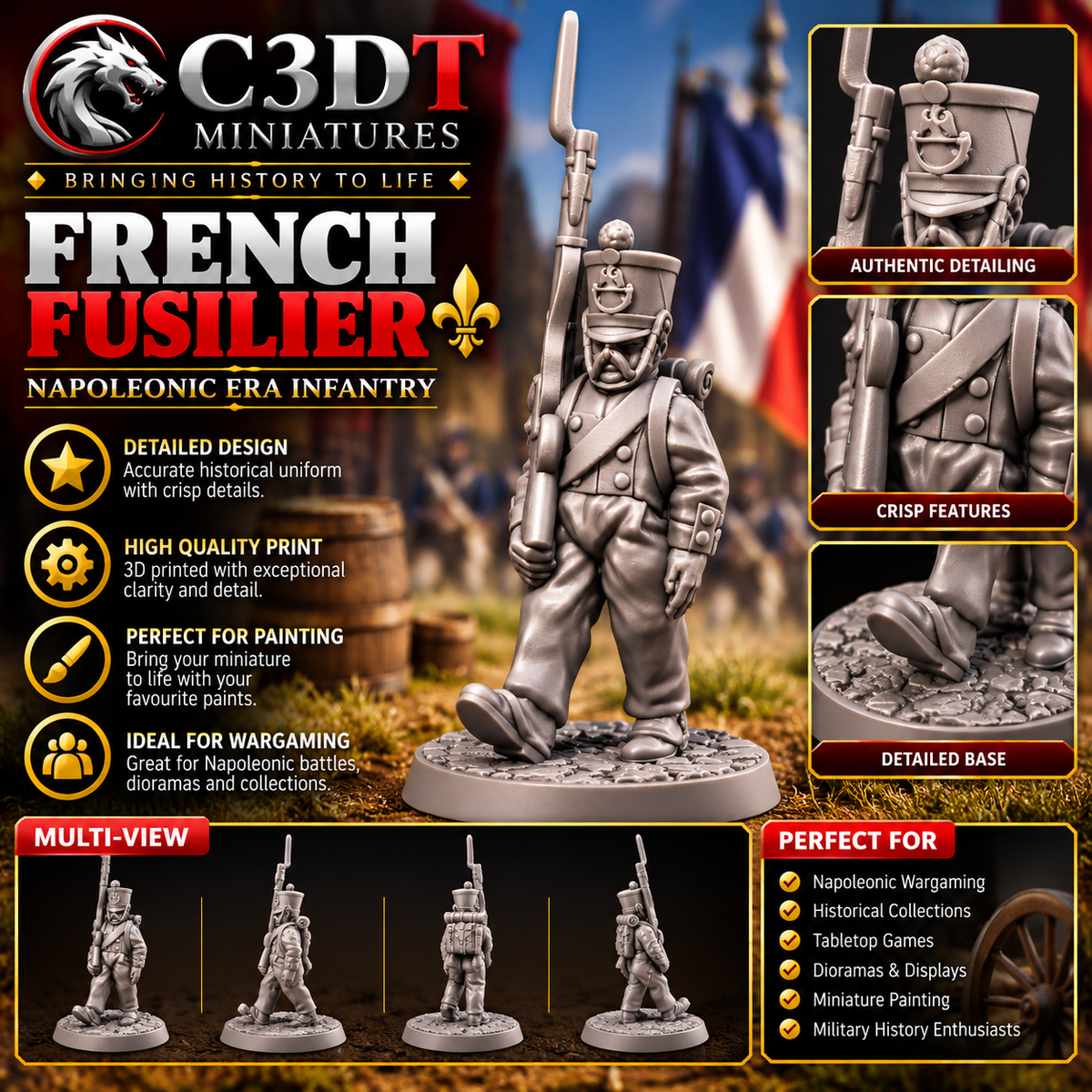 French Fusilier No. 3 – Napoleonic Marching Infantry 3D Printed Miniature | C3DT