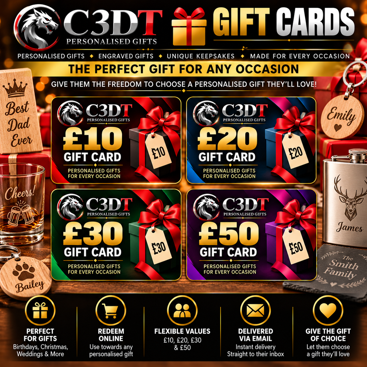 C3DT Personalised Gifts Digital Gift Card – £10, £20, £30 & £50 | The Perfect Gift for Any Occasion
