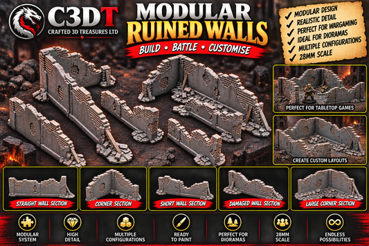 Modular Ruined Walls – 28mm WW2 Wargaming Terrain | 3D Printed Battlefield Scenery