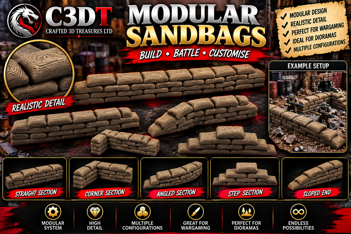 Modular Sandbag Defences – 3D Printed WW1 & WW2 Wargaming Terrain & Battlefield Scenery