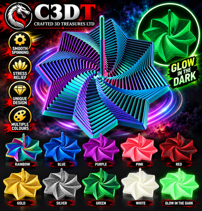 3D Printed Star Fidget Toy – Rainbow Spiral Spinner | Multiple Colours & Glow in the Dark