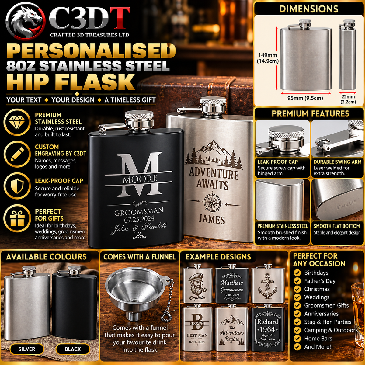Personalised Engraved 8oz Stainless Steel Hip Flask – Black &amp; Silver