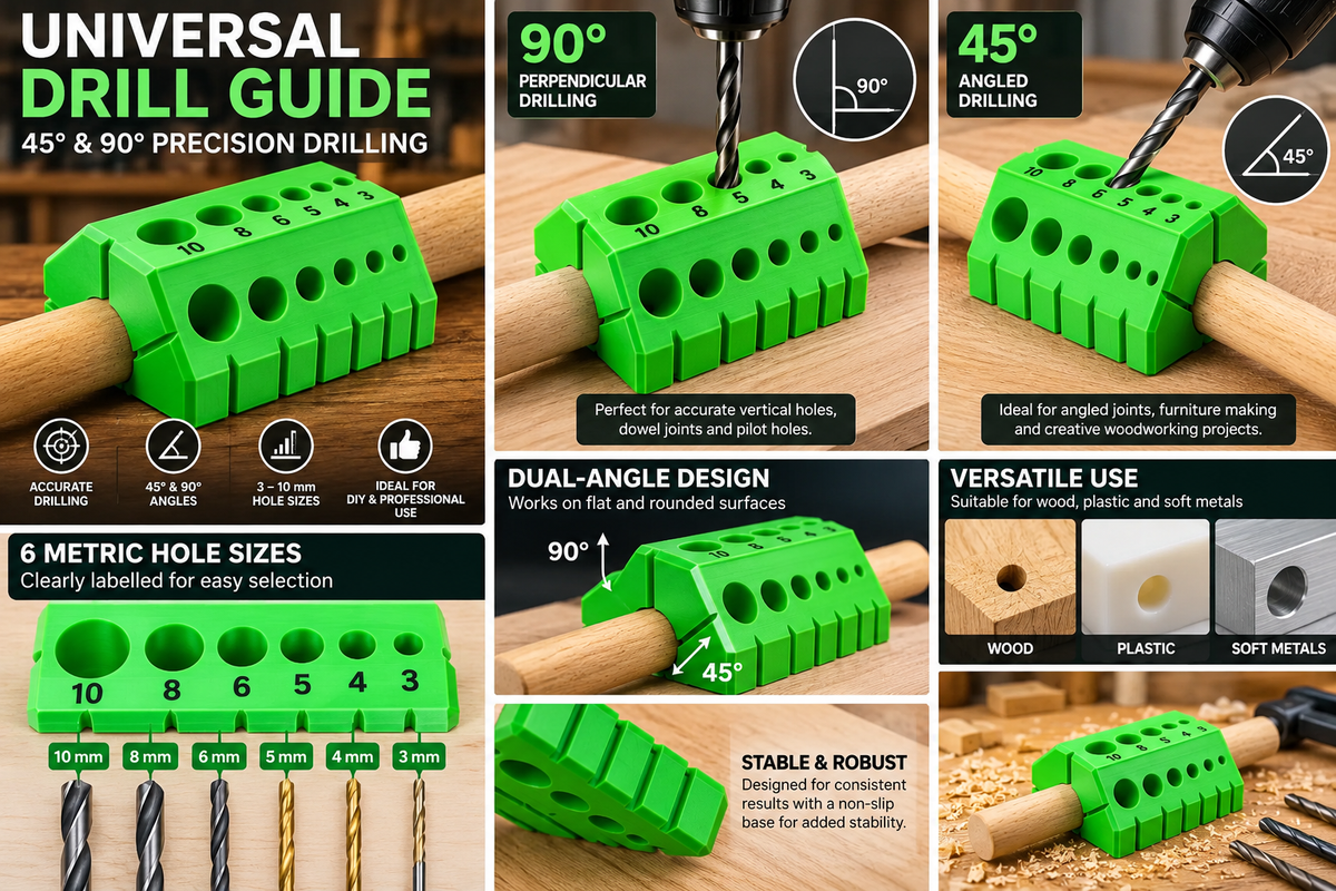 Universal Drill Guide – 45° &amp; 90° Precision Drilling Jig | 3D Printed Woodworking Tool