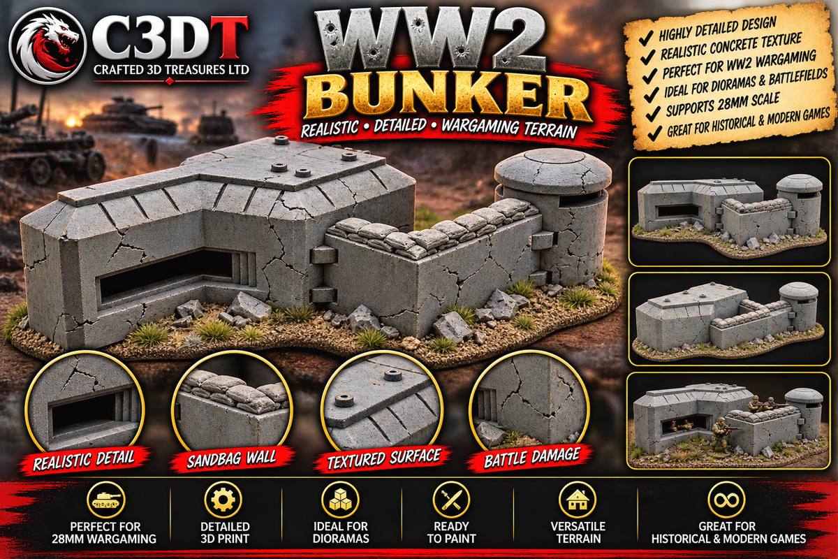 WW2 Concrete Bunker & Defensive Position – 28mm 3D Printed Wargaming Terrain