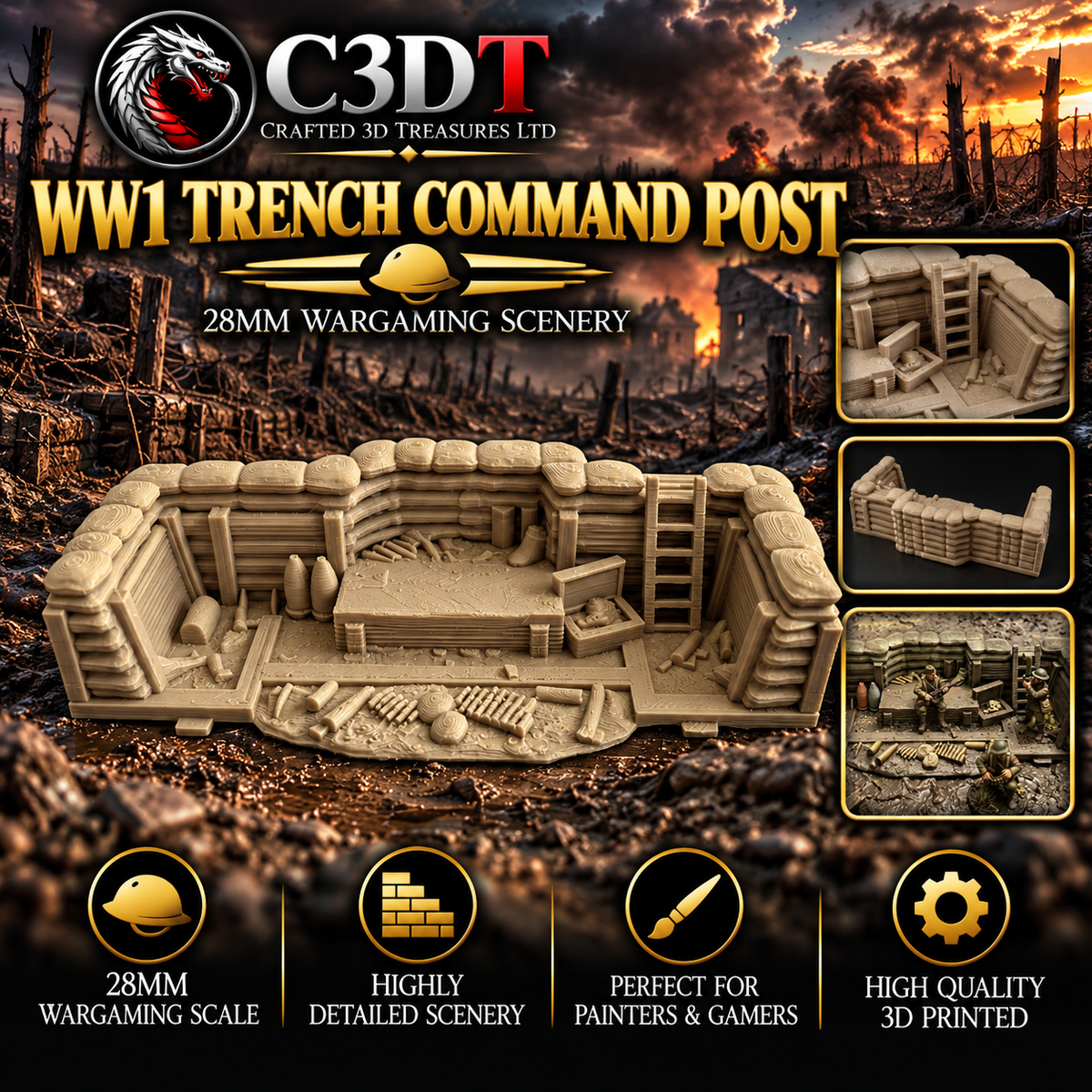 WWII Trench Command Post – 28mm 3D Printed Wargaming Scenery